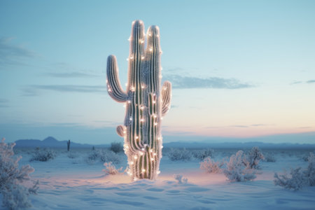 Creative Christmas concept. Large Mexican cactus decorated with glowing garland in snowy desert.の素材