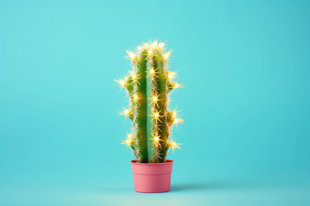 Creative Christmas concept. Homemade cactus in pink pot with lighted Christmas garland on blue pastel background.の素材