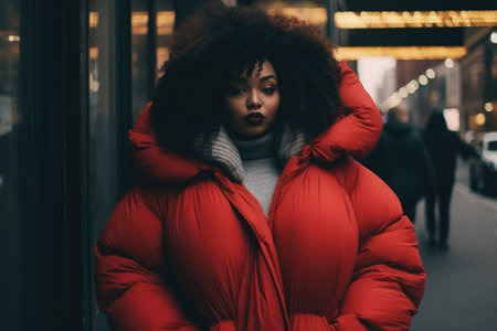 Portrait of an African-American sad oversized girl wearing a large red down jacket against a street backdrop.の素材