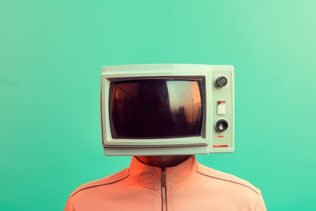 Surrealistic portrait of a man with retro TV instead of head blue background.の素材