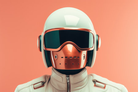 Portrait of a man in a white leather costume wearing a blue retro helmet on an orange pastel background.の素材