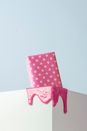 Creative gift concept. Gift box wrapped in pink polka dot gift paper melts on the end of a white cube.の写真素材