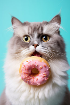 Mid-Russian kitty with a pink donut on a blue pastel background.の素材