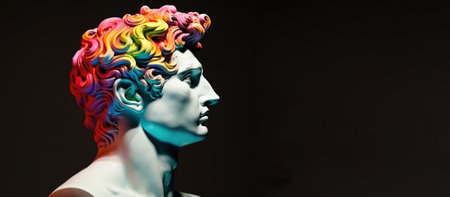 White sculpture of Apollo in profile with rainbow colored hair on a black background with copy space.の素材