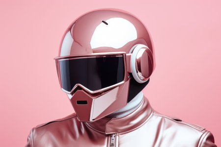 Man in pink racing suit with fashionable glossy helmet on pink background.の素材