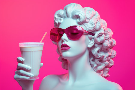 Portrait of a white sculpture of Aphrodite wearing rose colored glasses with a cocktail in her hand on a pink background.の素材