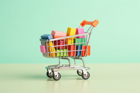 Shopping cart filled with multicolored cubes against a blue pastel background.の素材