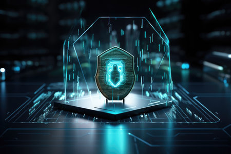 Concept of cybersecurity. Image of a shield on a glowing chip.の素材