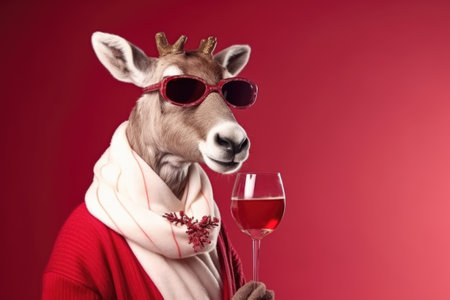 Portrait of a funny Christmas reindeer wearing red sunglasses with a glass of red wine in his paw on a red background.の素材