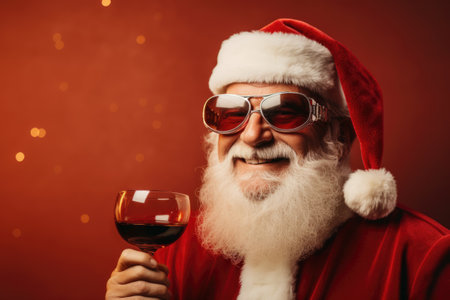 Retro portrait of jolly Santa Claus wearing retro glasses with a glass of mulled wine on a red background with copy space.の素材