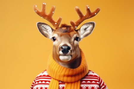 Portrait of a Christmas reindeer wearing a Christmas sweater with a yellow scarf on a yellow background with copy space.の素材
