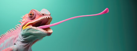 Advertising banner with funny pink chameleon with tongue sticking out in time to hunt on blue background with copy space.の素材