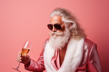 Portrait of a funny Santa Claus in profile wearing sunglasses with a champagne glass on a pink background with copy space.の素材