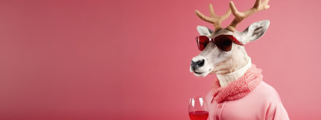 Advertising banner with a Christmas reindeer wearing red sunglasses with a glass of red wine on a pink scopia space background.の素材