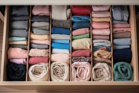 Open dresser with neatly laid out clothes, top view. Clothing storage system concept.の素材