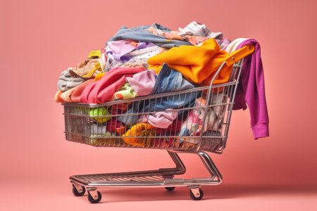 Shopping cart filled to the top with clothes on a pastel pink background. The concept of overconsumption.の素材