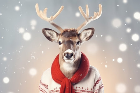Portrait of a Christmas reindeer wearing a sweater with a red scarf against a background of falling snowflakes.の素材