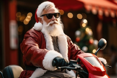 Santa Claus in red leather jacket with sunglasses driving a scooter.の素材