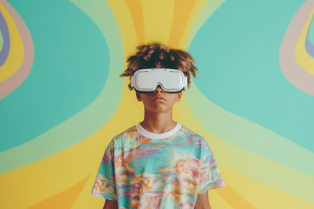 Portrait of an African American boy wearing modern VR goggles on a rainbow pastel background with copy space.の素材