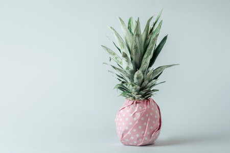Creative fruit concept. Pineapple wrapped in pink polka dot gift paper on blue pastel background.の写真素材