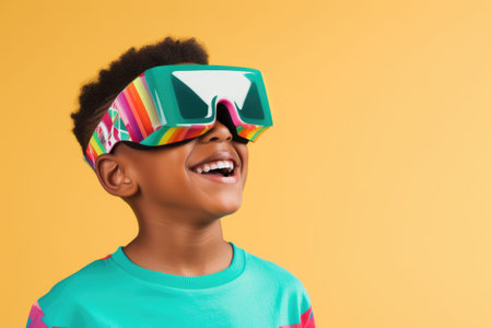Portrait of a smiling African American boy wearing virtual reality goggles against orange background.の素材