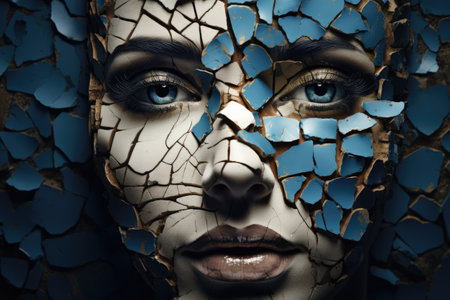 Close-up portrait of a woman with blue cracked skin on her face. Mental health concept.の素材