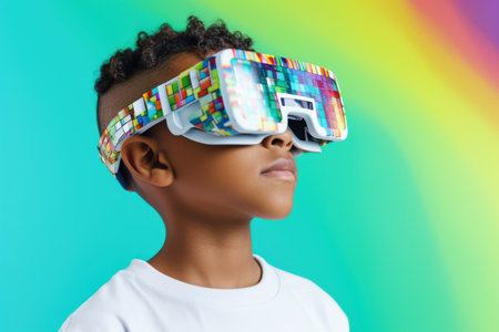 Portrait of an African-American Alpha Generation boy wearing virtual reality goggles on a blue background.の素材