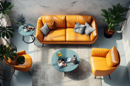 Room with marble walls and cozy yellow upholstered furniture with indoor tropical plants. Top view.の素材