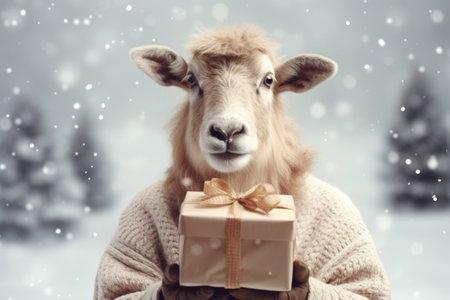 Portrait of a funny sheep in a white warm sweater with a Christmas gift in her hands against a background of falling snow.の素材