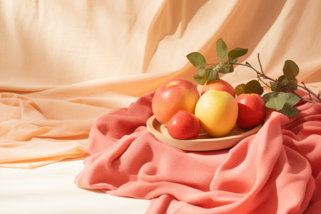 Still life of apples against peach colored fabrics.の素材