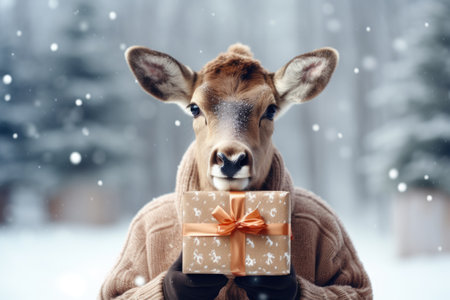 Cute Christmas reindeer with a gift in his hand on the background of snowy spruce forest.の素材