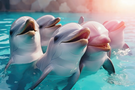 Group of happy dolphins playing in the blue water in sunny weather.の素材