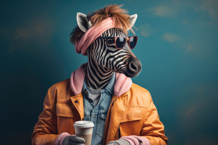 Anthropomorphic portrait of a zebra wearing black sunglasses with a warm orange jacket with a coffee glass in hand on a blue background.の素材