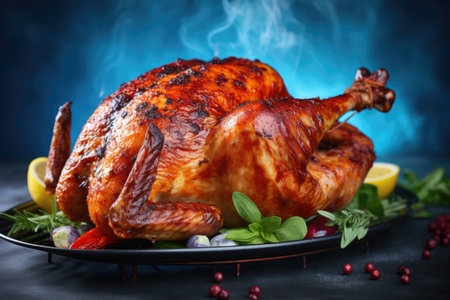 Whole roasted chicken with spices and herbs on a black background.の素材