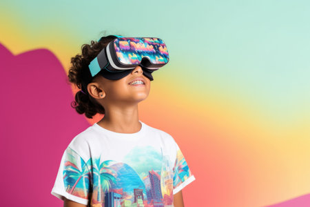Portrait of a Latina girl wearing virtual reality goggles on a rainbow background.の素材