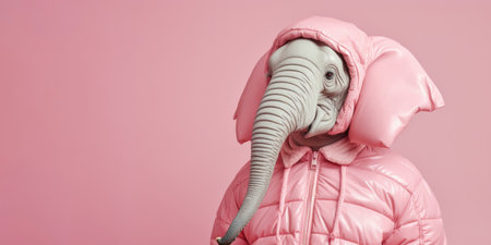 Portrait of a cute elephant in a pink hooded down jacket on a pink background with copy space.の素材