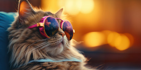 Portrait of a calm satisfied cat wearing mirrored salted glasses against a sunset or dawn background.の素材