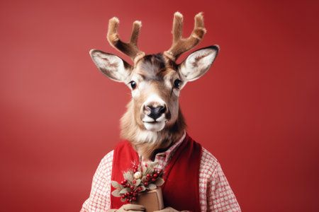 Cute Christmas reindeer with Christmas gift in hand on red negative space.の素材
