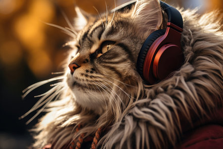 Portrait of a calm satisfied cat wearing headphones. Close-up.の素材
