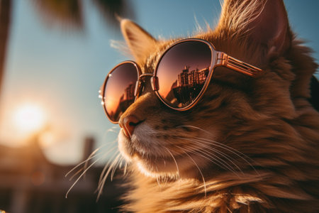Close up of a cat wearing sunglasses on the beach at sunset.の素材