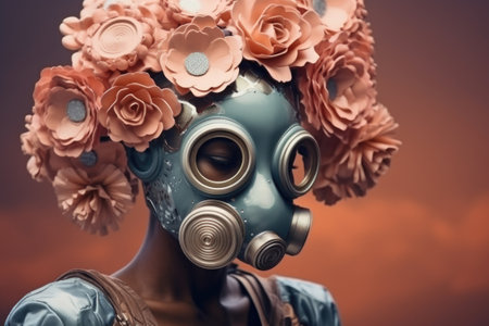 Woman wearing a gas mask with flowers on her head.の素材