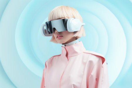 Beautiful young woman in pink coat with virtual reality headset on blue backgroundの素材