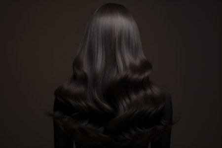 Back view of beautiful woman with long wavy hair on dark backgroundの素材