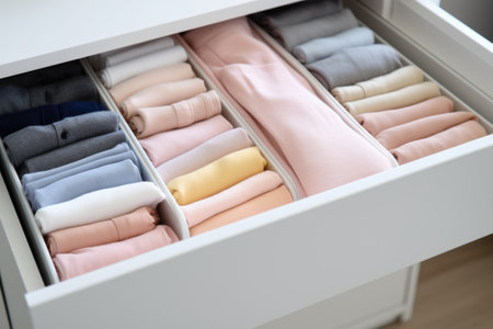 Folded clothes in open drawer of white drawers, closeupの素材