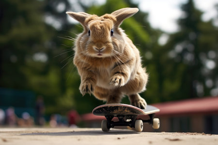 Rabbit on a skateboard in the park. Easter concept.の素材