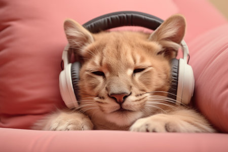 Cute cat with headphones lying on sofa at home, closeupの素材