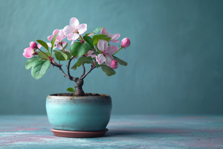 Bonsai tree with pink flowers in a pot on a blue backgroundの素材