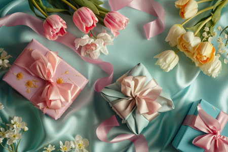 Gift boxes and tulips on blue silk background, top viewの素材