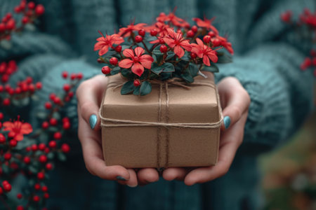 Female hands hold a gift box with a red flower.の素材