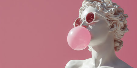 White European sculpture with pink chewing gum on a pink background.の素材